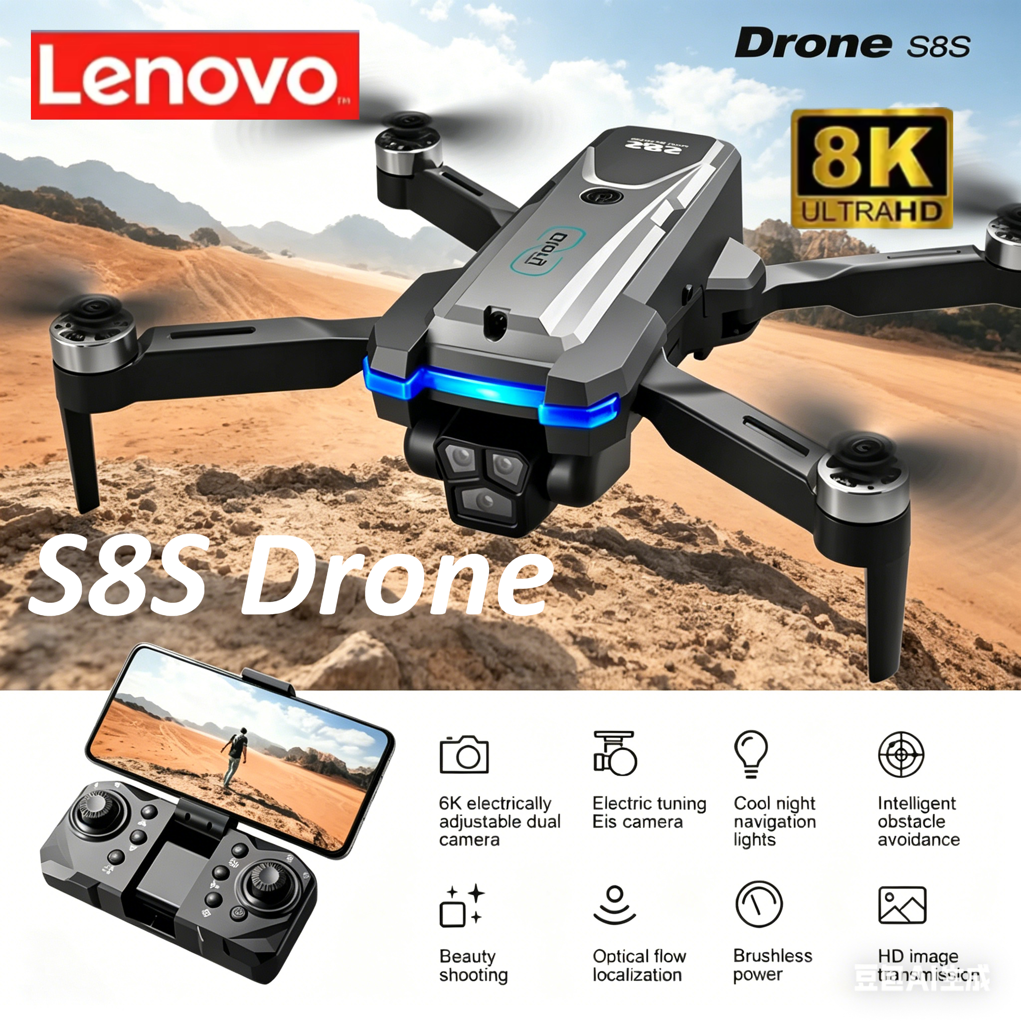 Drone Camera 4K - Lenovo Brushless Motor S8S Drone Triple